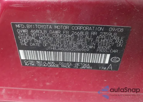 2009 Lexus Es 350 из США, поврежденный, VIN JTHBJ46G692286969